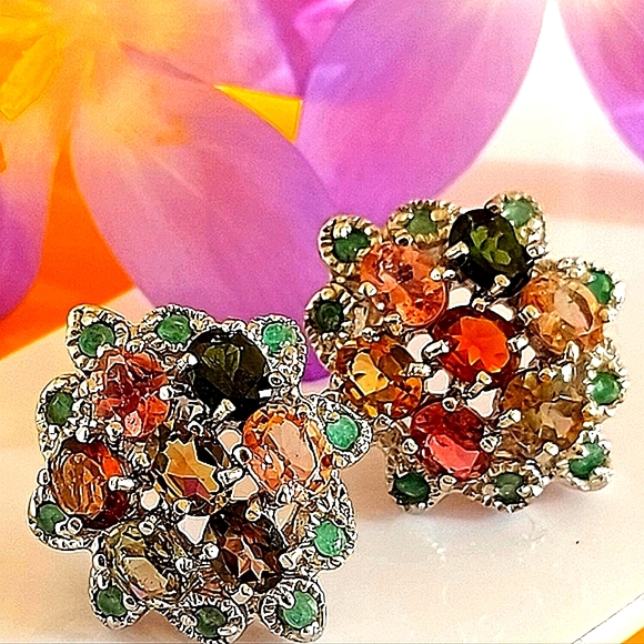 Natural Tourmaline, Emerald 14K White‎ Gold on 925 Sterling Silver Earrings - Picture 1 of 7